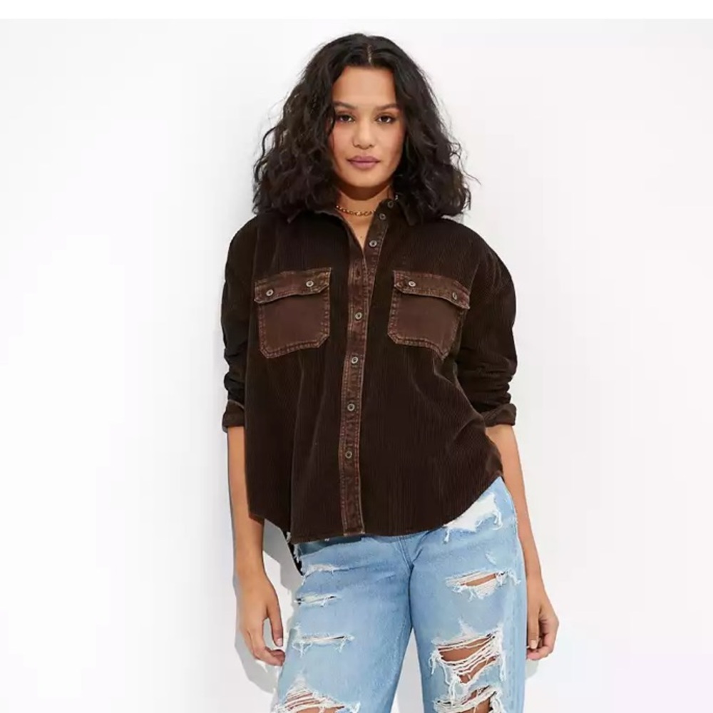 American Eagle Long Sleeve Mixed Fabric Corduroy Shirt